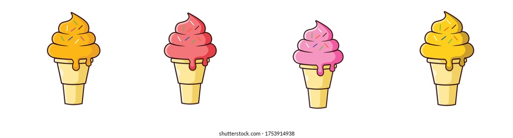 a group of ice cream cone with sprinkle.  Orange, Guava, strawberry , and pineapple