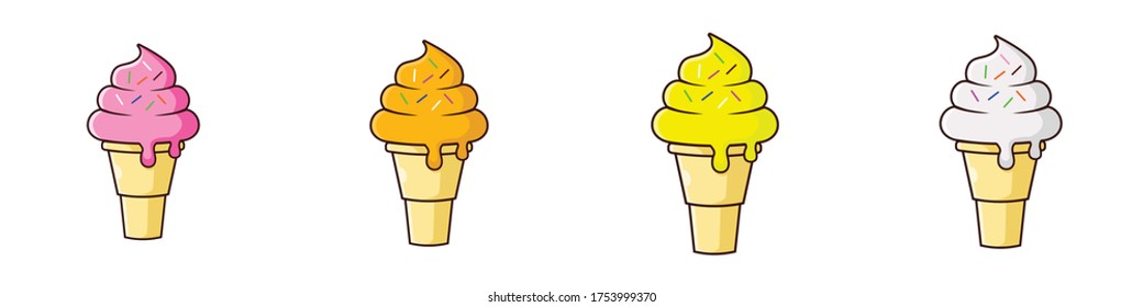 a group of ice cream cone with sprinkle. Guava, orange, banana, and vanilla