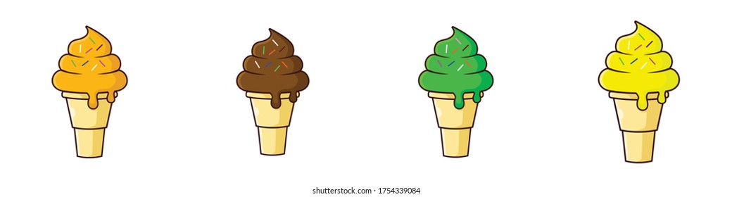 a group of ice cream cone with sprinkle. Orange, chocolate, melon, and banana