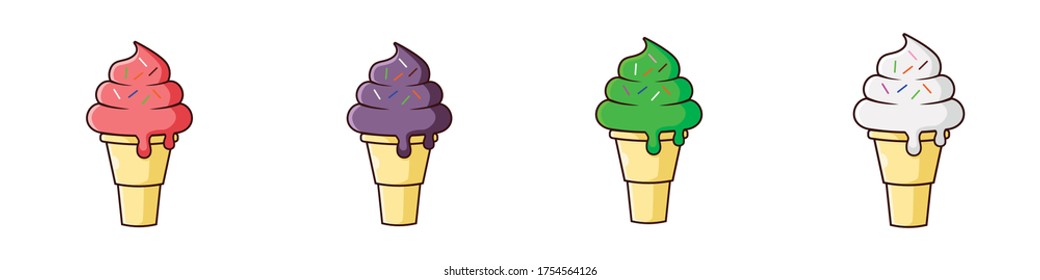 a group of ice cream cone with sprinkle. Guava, Blueberry, melom, and vanilla