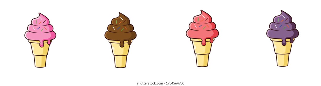 a group of ice cream cone with sprinkle. Strawberry, chocolate,guava, and blueberry