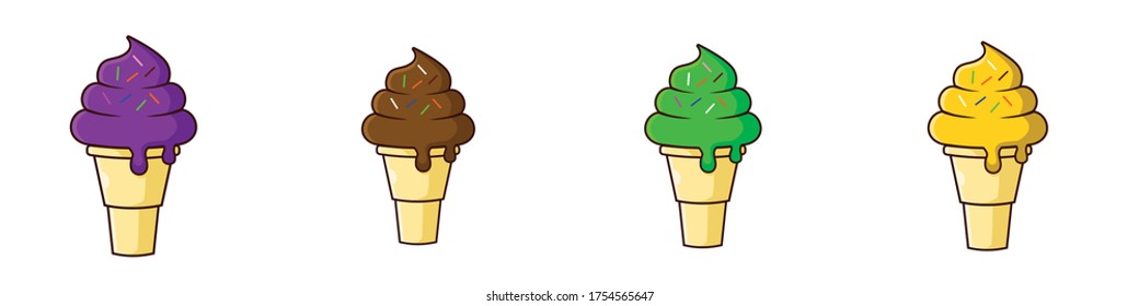 a group of ice cream cone with sprinkle. Grape, chocolate, melon and pineapple