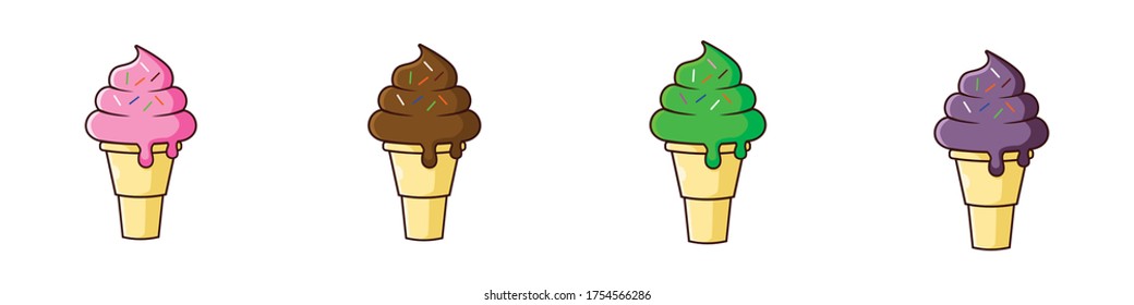 a group of ice cream cone with sprinkle. Strawberry, chocolate , melon, and blueberry