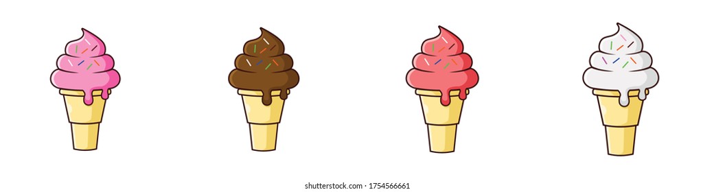 a group of ice cream cone with sprinkle. Strawberry, chocolate, guava, and vanilla