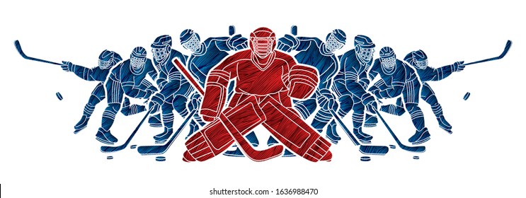 Group of Ice Hockey players action cartoon sport graphic vector.