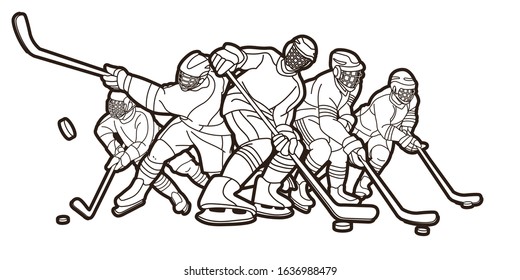 Group of Ice Hockey players action cartoon sport graphic vector.