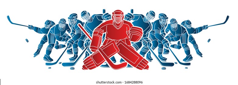 Grupo de jugadores de hockey sobre hielo acción caricatura deporte vector gráfico