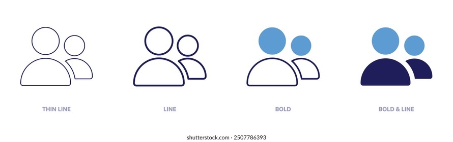 Icono de grupo en 4 estilos diferentes. Línea delgada, línea, negrita y línea negrita. Estilo duotono. Trazo editable.