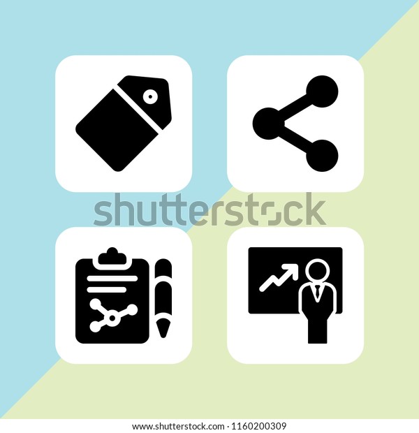 group icon. 4 group set with\
share, tag, presentation and research vector icons for web and\
mobile app