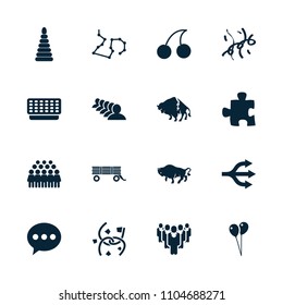 Group icon. collection of 16 group filled icons such as buffalo, cherry, balloon, chat, confetti, puzzle, barrow, pyramid. editable group icons for web and mobile.