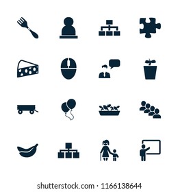 Group icon. collection of 16 group filled icons such as barrow, puzzle, plant in pot, structure, mouse, cheese, banana, balloon. editable group icons for web and mobile.