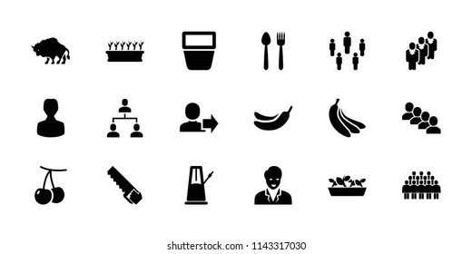 Group icon. collection of 18 group filled icons such as cherry, banana, plant in pot, banana, pendulum, user, plate fork and knife. editable group icons for web and mobile.
