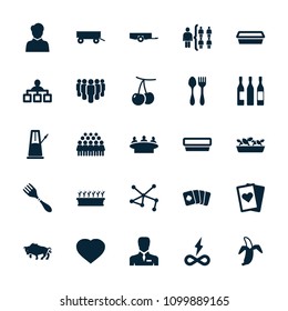 Group icon. collection of 25 group filled icons such as cherry, barrow, structure, playing card, pot for plants, plant in pot, banana. editable group icons for web and mobile.
