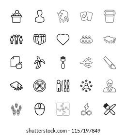 Group icon. collection of 25 group outline icons such as buffalo, hearts, structure, teacher, user, fork and knife, fork, banana. editable group icons for web and mobile.