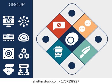 group icon set. 13 filled group icons.  Simple modern icons such as: Gummy, Avatar, Chat, Safebox, Teamwork, Train, Vector, Connect, Knife