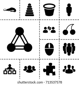 Group icon. set of 13 filled group icons such as connection, alligator, pyramid, cherry, structure, pot for plants, user communicatrion, puzzle, user