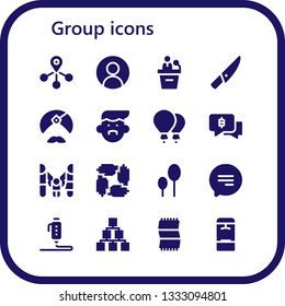 group icon set. 16 filled group icons.  Collection Of - Connection, User, Presentation, Knife, Man, Avatar, Balloons, Chat, Family, Teamwork, d, Hierarchical structure, Towel
