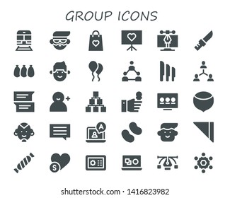 group icon set. 30 filled group icons.  Simple modern icons about  - Train, Avatar, Gift bag, Presentation, Vector, Knife, Balloons, Man, Balloon, Teamwork, Knives, Connection