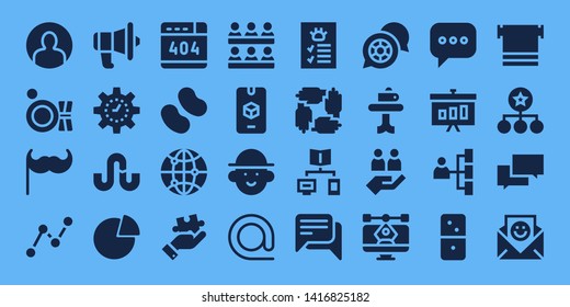 group icon set. 32 filled group icons. on blue background style Simple modern icons about  - User, Plate, Moustache, Stats, Communication, Management, Stumbleupon, Graph, , Candy