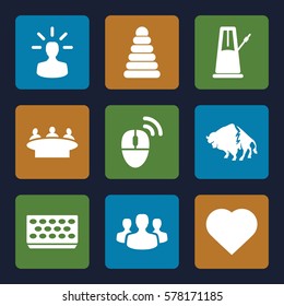 group icon. Set of 9 group filled icons such as buffalo, pyramid, Hearts, pot for plants, user bulb, computer mouse