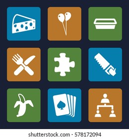 group icon. Set of 9 group filled icons such as puzzle, pllaying card, balloon, saw, fork and knife, pot for plants, banana, structure