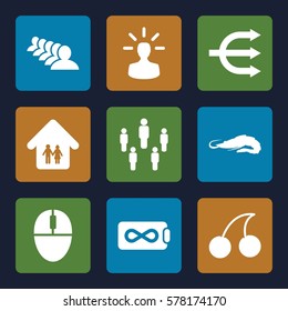 group icon. Set of 9 group filled icons such as alligator, Cherry, group, mouse, family home, user bulb, structure