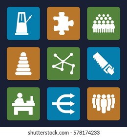 group icon. Set of 9 group filled icons such as pyramid, puzzle, table, group, saw, connection, pendulum