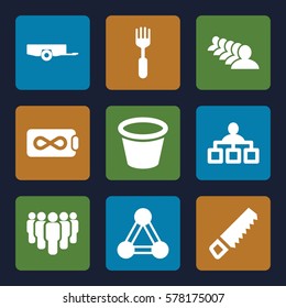 group icon. Set of 9 group filled icons such as connection, barrow, structure, group, saw, fork, pot for plants