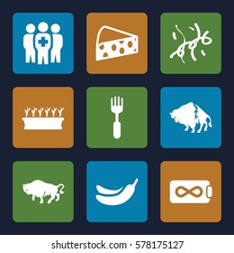 group icon. Set of 9 group filled icons such as buffalo, Banana, fork, plant in pot, medical group, confetti, cheese
