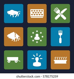 group icon. Set of 9 group filled icons such as barrow, buffalo, fork and knife, fork, pot for plants, plant in pot, user bulb