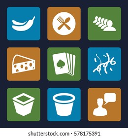 group icon. Set of 9 group filled icons such as pllaying card, Banana, chatting man, group, pot for plants, spoon and fork, confetti