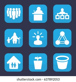 Group icon. set of 9 filled group icons such as connection, structure, pot for plants, plant in pot, family home, user bulb, group, teacher