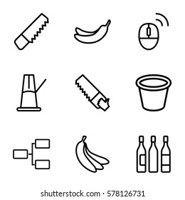 group icon. Set of 9 group outline icons such as Banana, saw, pot for plants, structure, wine glass, banana, computer mouse