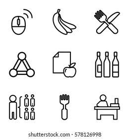 group icon. Set of 9 group outline icons such as connection, table, structure, fork and knife, fork, paper and apple, wine glass, banana