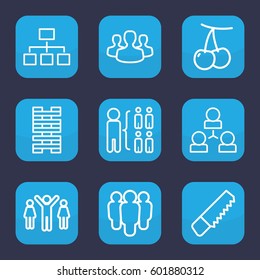 group icon. Set of 9 outline group icons such as cherry, structure, saw