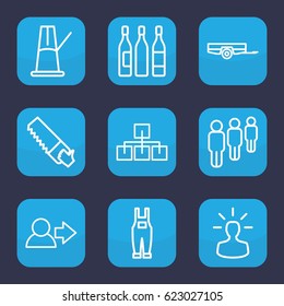 Group icon. set of 9 outline group icons such as barrow, saw, gardener jumpsuit, wine glass, user bulb, pendulum, user, structure