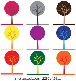 Group of icon set of circle deciduous trees in various colors with trunk tree crown and ground land isolated on white background