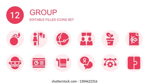 group icon set. Collection of 12 filled group icons included Bomb, Leadership, Network, Chatting, Growth, Avatar, Graph, Towel, Chat, Vector, Puzzle