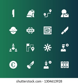 group icon set. Collection of 16 filled group icons included Lockers, Remove user, Knife, Euro, Add user, Sharing, Route, Network, Safebox, Avatar, User, Frog