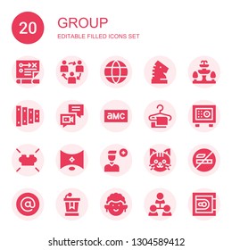group icon set. Collection of 20 filled group icons included Strategy, Teamwork, Network, Fountain, Xylophone, Chat, Amc, Towel, Safebox, Puzzle, , Add user, Cat, No smoking, At