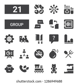 group icon set. Collection of 21 filled group icons included Train station, Gummy bear, Train, Conversation, Avatar, Cutlery, Bomb, No smoking, Teamwork, Presentation, Graph, Chat