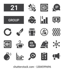 group icon set. Collection of 21 filled group icons included Protest, Strategy, Reload, Chart, Bomb, Communication, Frog, Blogger, Towel, Safebox, Napkin, Ngo, Cooperation, Knife