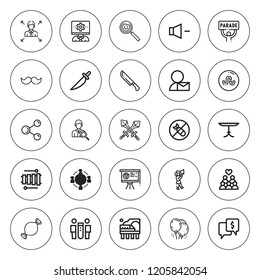Group icon set. collection of 25 outline group icons with balloons, bomb, candy, businessman, chat, group, knife, moustache, pan, parade, presentation icons. editable icons.