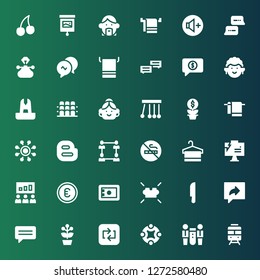 group icon set. Collection of 36 filled group icons included Train, Teamwork, Connect, Repeat, Flower pot, Chat, Share, Knife, Puzzle, Safebox, Euro, Presentation, Towel, No smoking