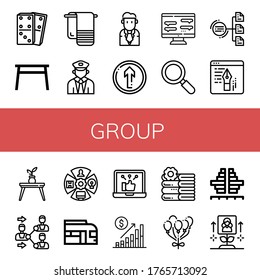 group icon set. Collection of Dominoes, Table, Towel, Train, Businessman, Straight, Chat, Active, Diagram, Blog, Share, Role, Social network, Bar chart, Towels, Balloon icons