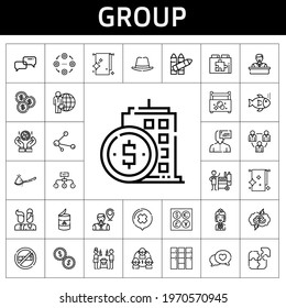 group icon set. line icon style. group related icons such as employee, fishes, crayons, locker, building, candidate, peas, towels, towel, spoon, hat, web plugin, share