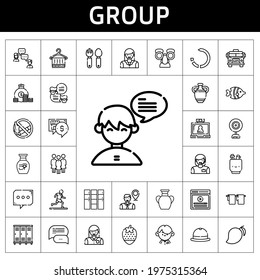 group icon set. line icon style. group related icons such as woman, student, cutlery, strawberry, vase, video, lockers, employee, pencil case, locker, mango, running, video call