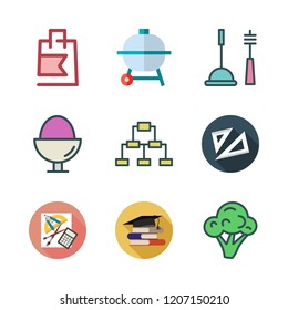 group icon set. vector set about school material, cleaning tools, broccoli and barbecue icons set.