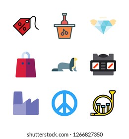 group icon set. vector set about shopping bag, stereoscope, factory and french horn icons set.