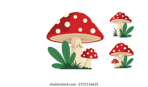 Grupo de emblemáticos hongos agáricos de la mosca roja con manchas blancas y hojas verdes ilustrados en un encantador estilo de dibujos animados para temas de naturaleza.